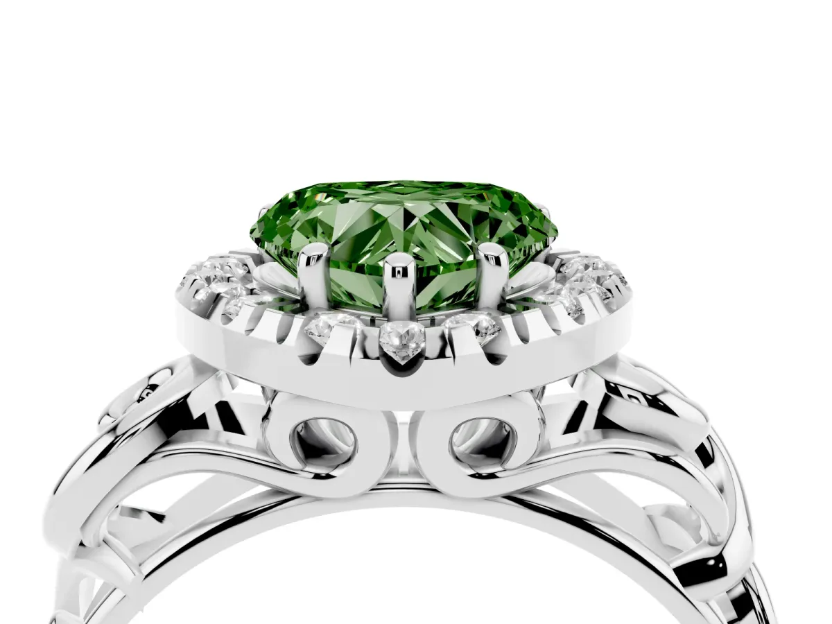 Fancy Green Heart Cut Cut Halo Diamond Ring with Scrollwork Band and Four-Prong Setting Silver