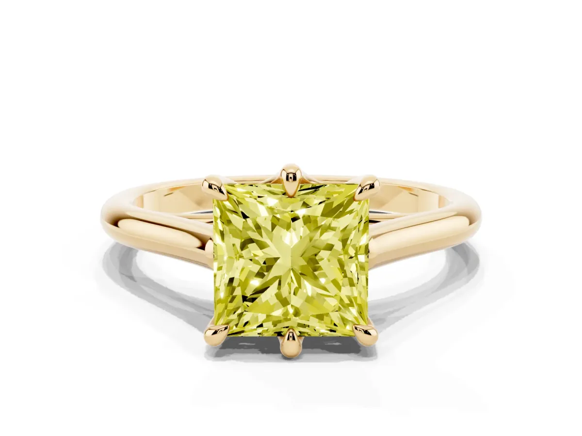 Fancy Yellow Princess Cut Solitaire Engagement Ring with Six-Prong Setting and Classic Band Yellow gold