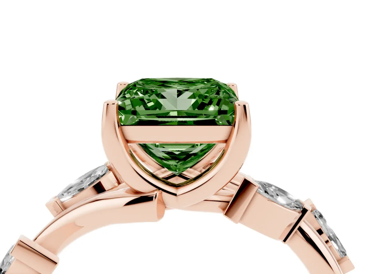 Fancy Green Princess Cut Solitaire Twisted Band Marquise Accent Prong Setting Ring Rose gold