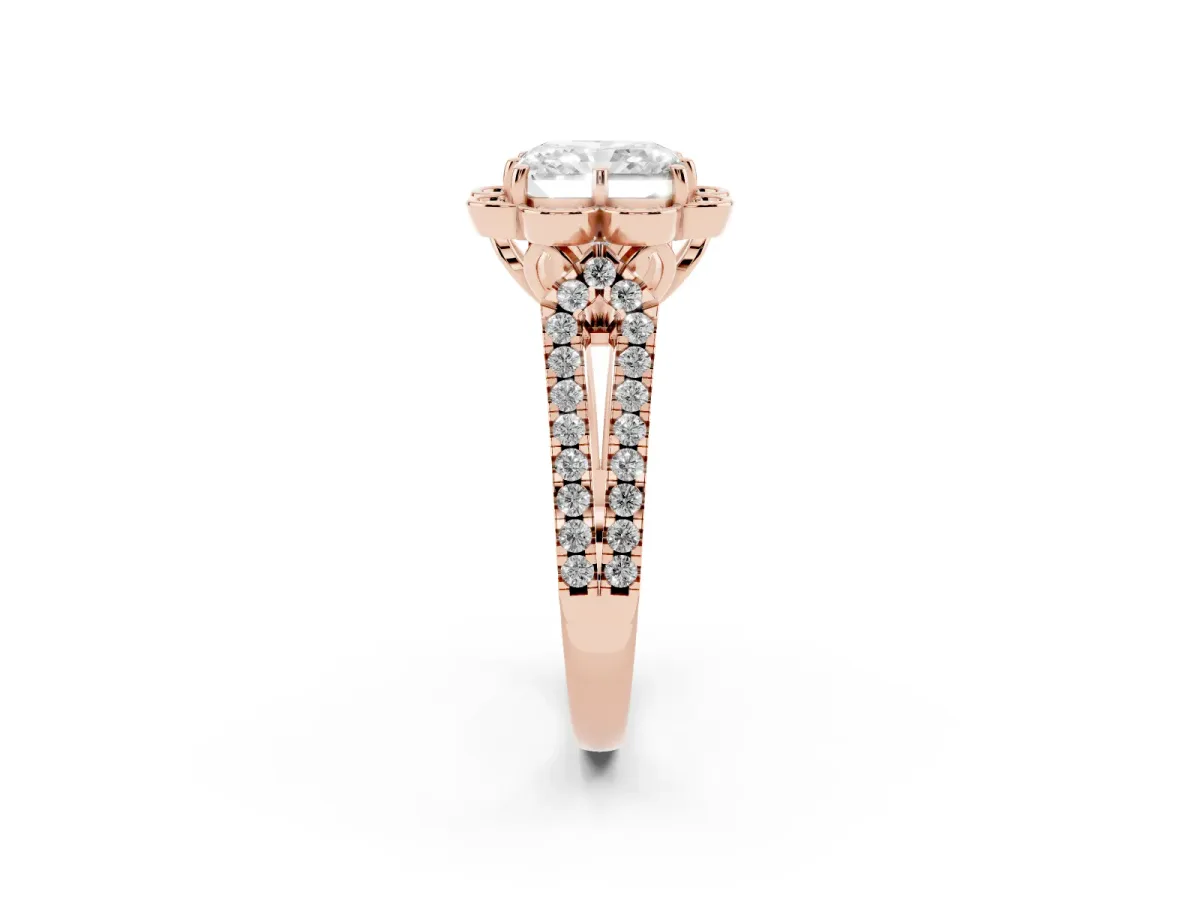Radiant Cut Halo Diamond Floral Split Shank Engagement Ring Rose gold