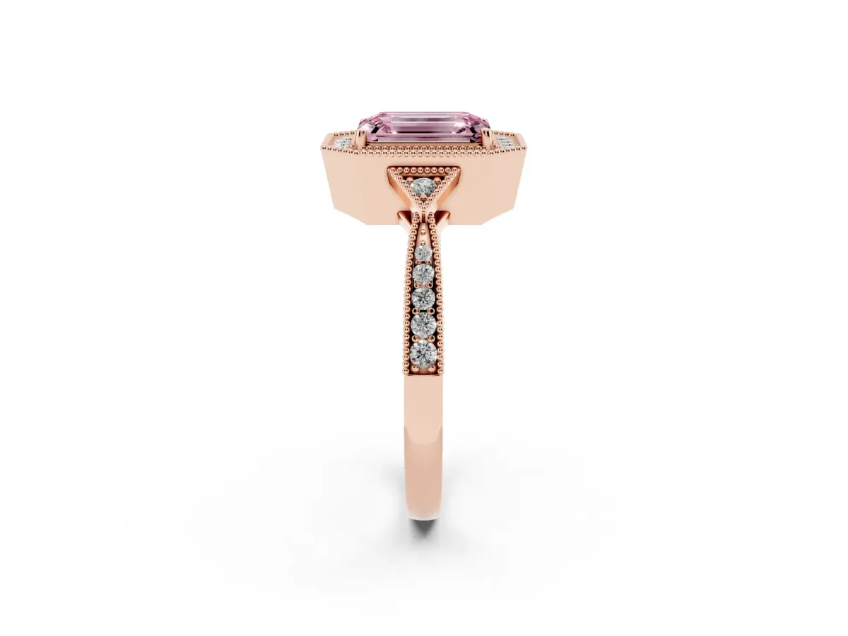 Fancy Pink Emerald Cut Halo Round Diamond Milgrain Pave Engagement Ring Rose gold