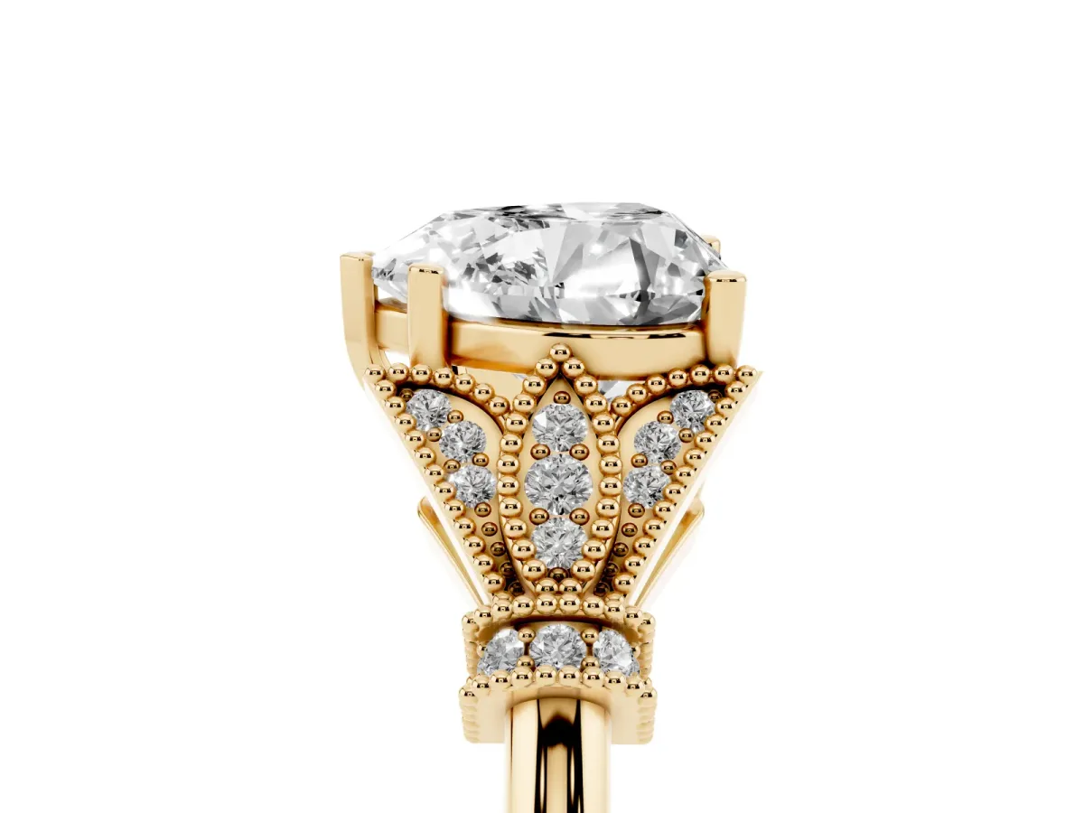 Heart Cut Diamond Solitaire Ring with Floral Filigree and Pave Accents Yellow gold