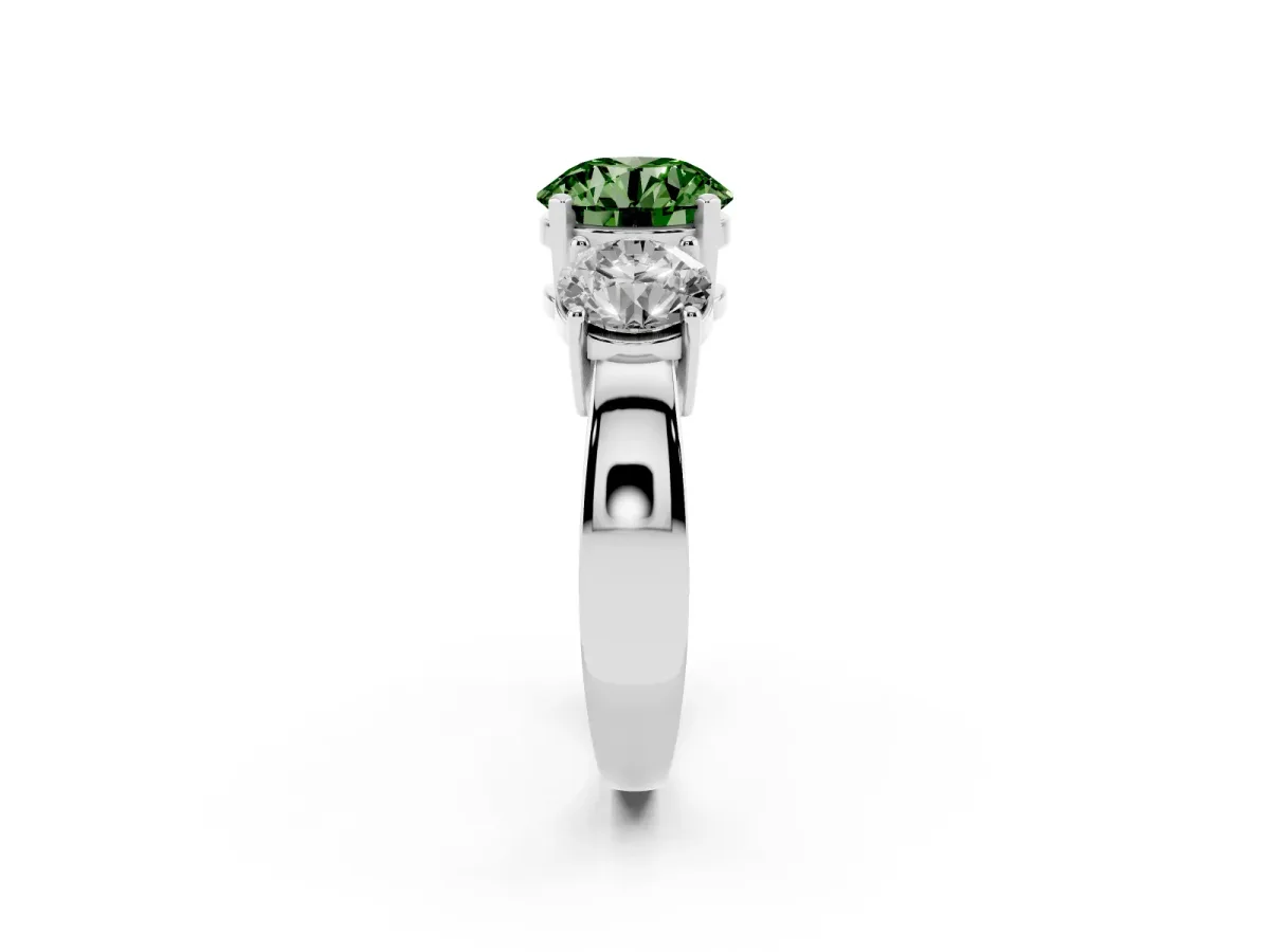 Fancy Green Three-Stone Round Cut Diamond Ring with Round Side Stones, Classic Band, and Four-Prong Setting Silver