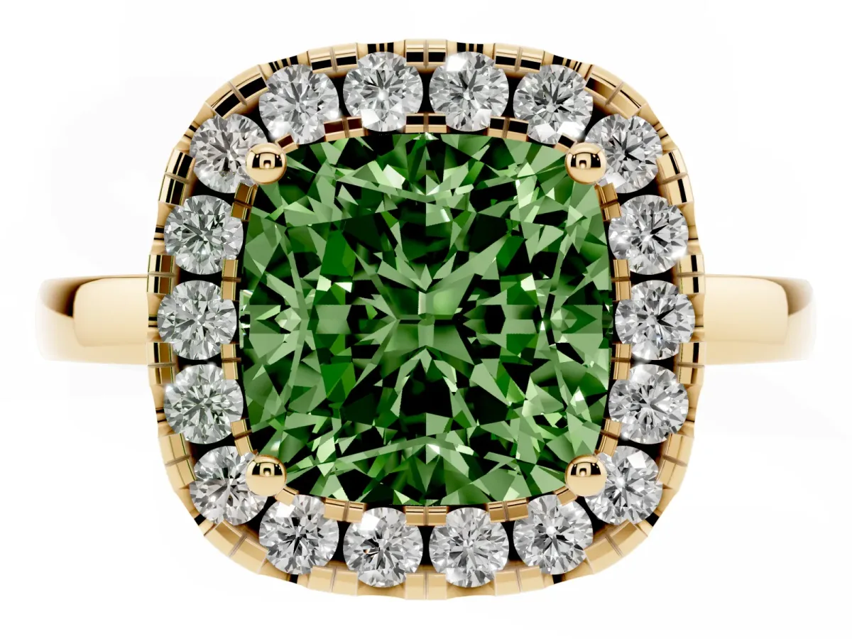 Fancy Green Cushion Cut Halo Diamond Solitaire with Pavé Band and Four-Prong Setting Yellow gold