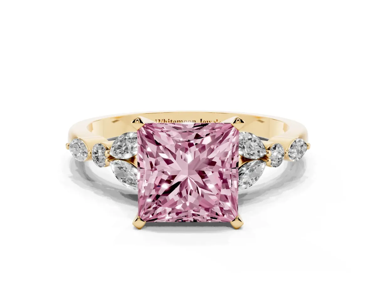 Fancy Pink Princess Cut Diamond Solitaire Ring with Side Stones and Four-Prong Setting Yellow gold
