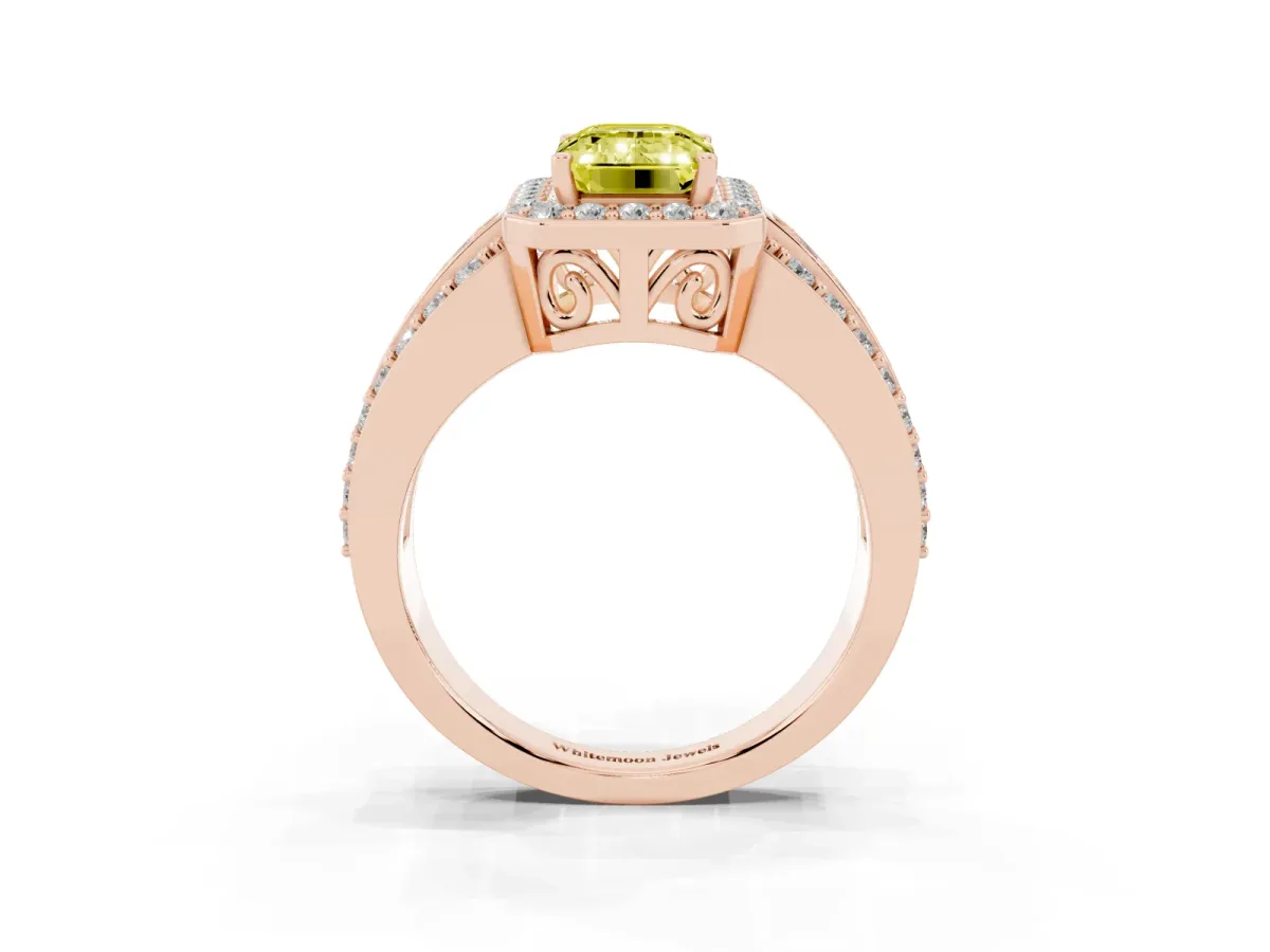 Fancy Yellow Emerald Cut Halo Diamond Ring with Round Split Shank and Prong Setting Rose gold