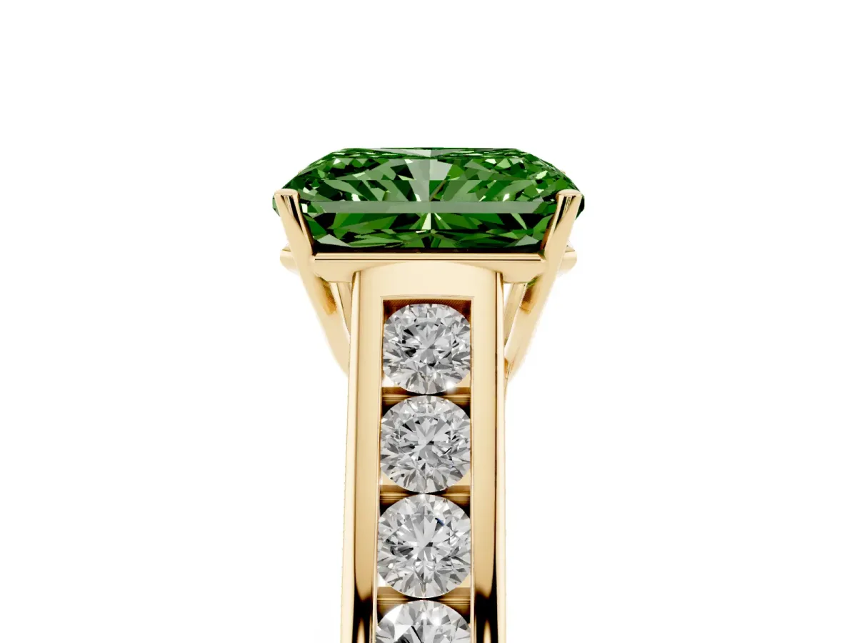 Fancy Green Radiant Cut Solitaire Channel-Set Diamond Engagement Ring with Four-Prong Setting Yellow gold