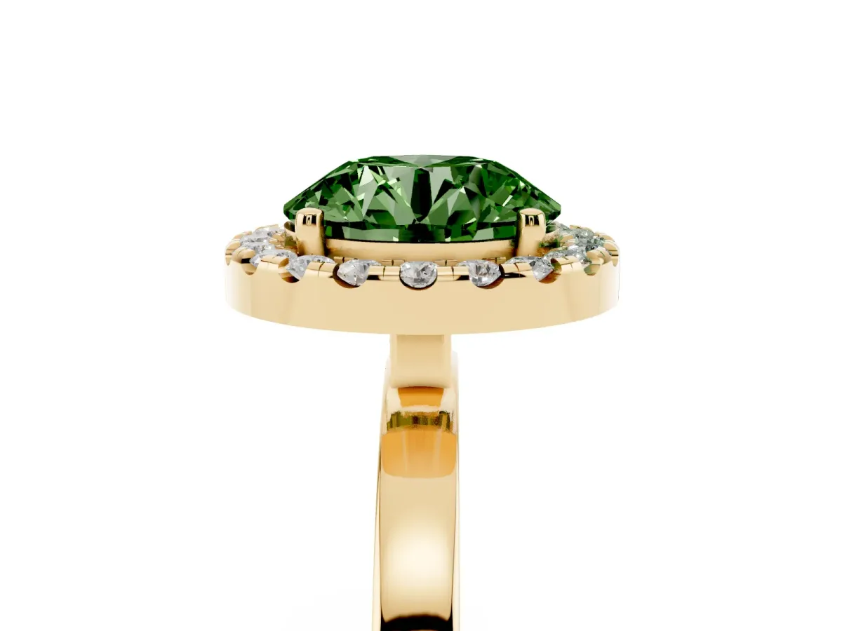 Fancy Green Round Cut Halo Diamond Solitaire with Pavé Band and Four-Prong Setting Yellow gold