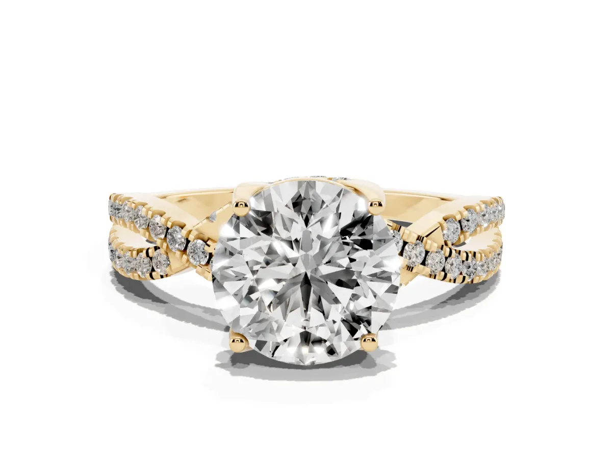 Round Cut Solitaire Twist Pave Diamond Engagement Ring with Prong Setting Yellow gold