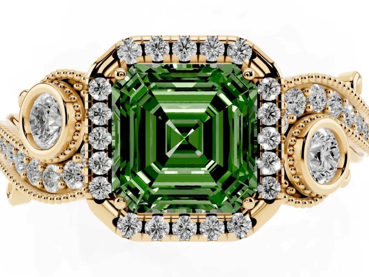 Fancy Green Asscher Cut Halo Diamond Ring with Milgrain and Bezel Accents on a Split Shank Band Yellow gold