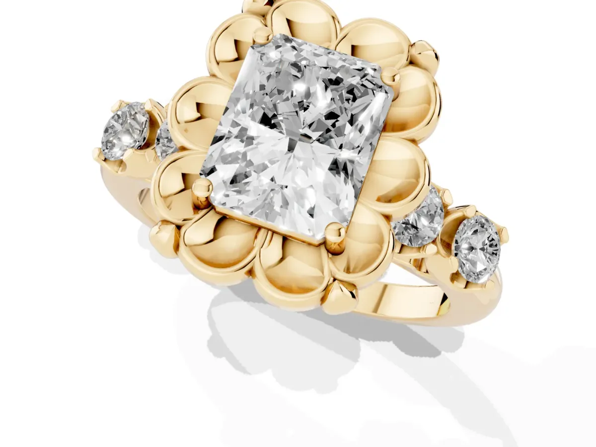 Radiant Cut Cut Diamond Floral Halo Engagement Ring with Shared Prong Setting Yellow gold