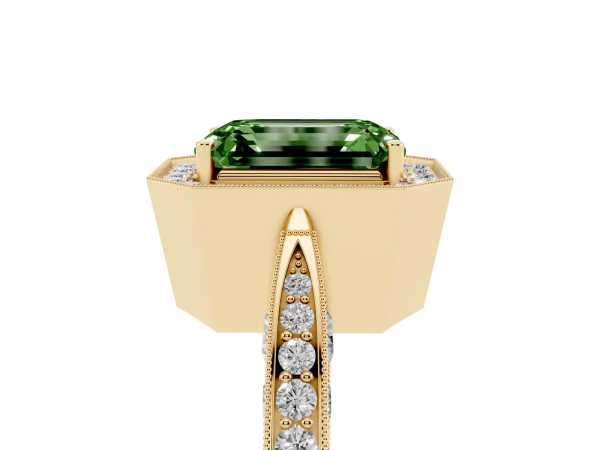 Fancy Green Emerald Cut Halo Diamond Engagement Ring with Split Shank Band and Four-Prong Setting Yellow gold