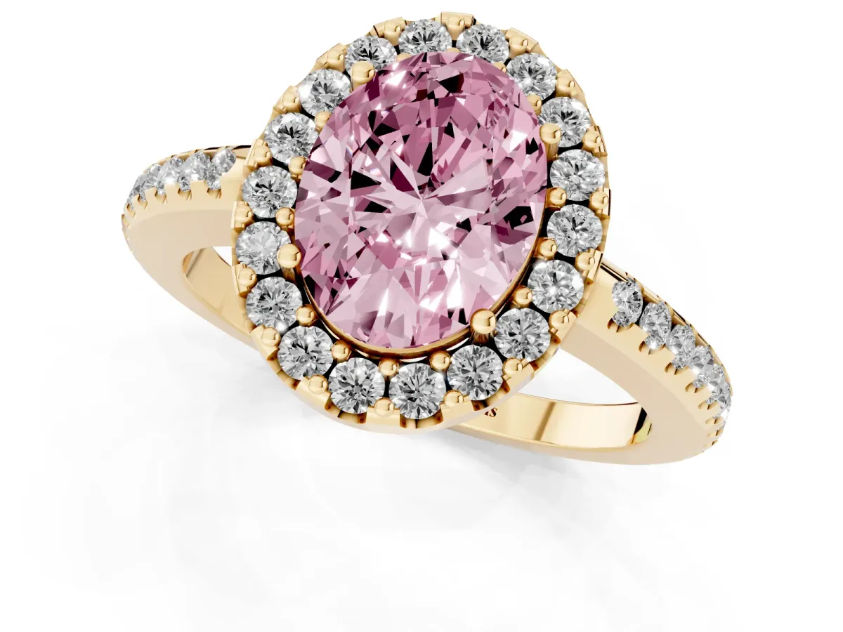 Fancy Pink Oval Cut Diamond Pavé Halo Ring with Four-Prong Setting Yellow gold