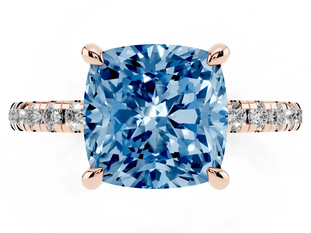 Fancy Blue Cushion Cut Diamond Brilliant Solitaire Ring with Pavé Band and Four-Prong Setting Rose gold