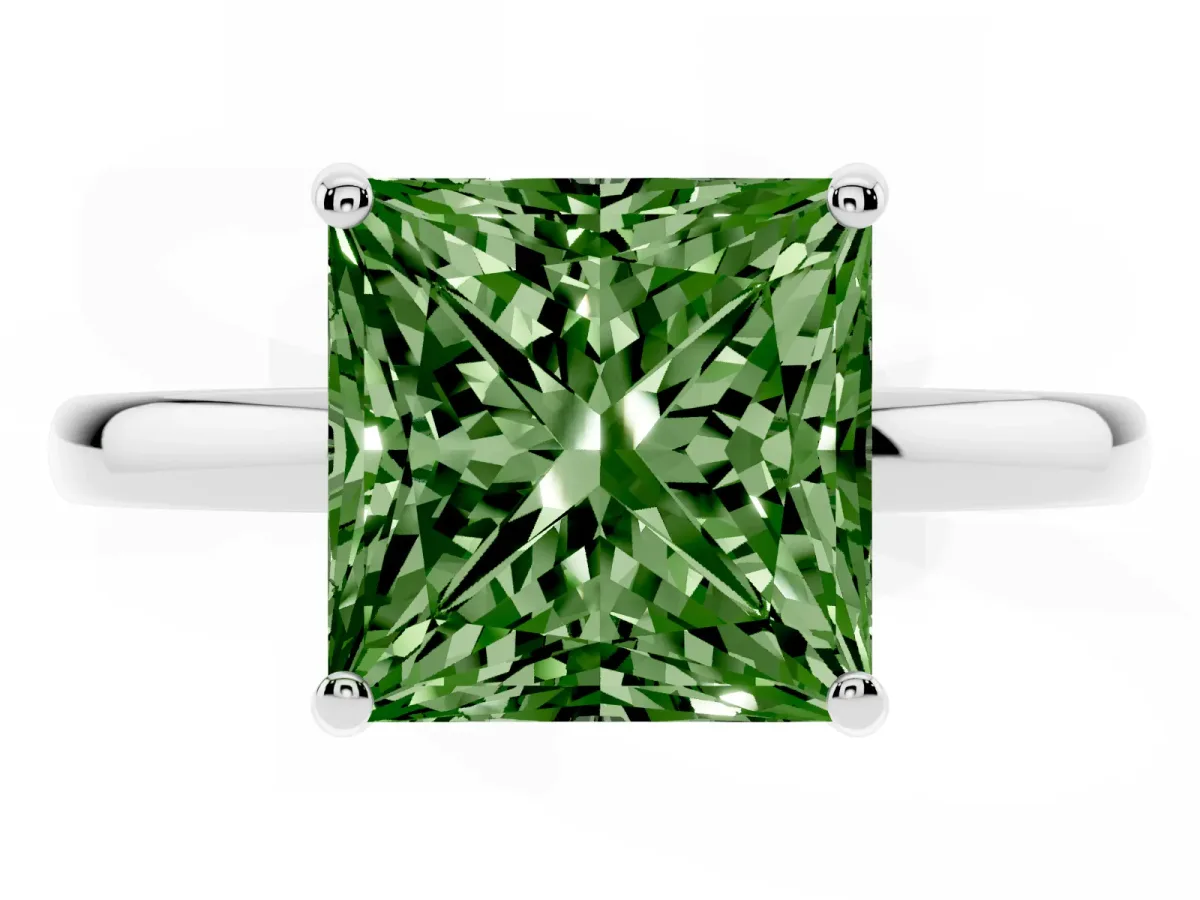 Fancy Green Princess Cut Solitaire Diamond Ring with Prong Setting and Plain Band White gold