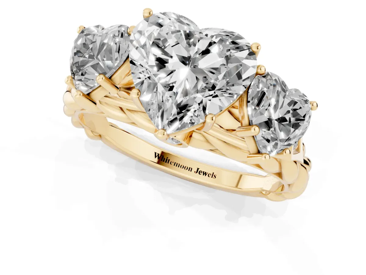 Three-Stone Heart Cut Diamond Braided Band Ring with Four-Prong Setting Yellow gold