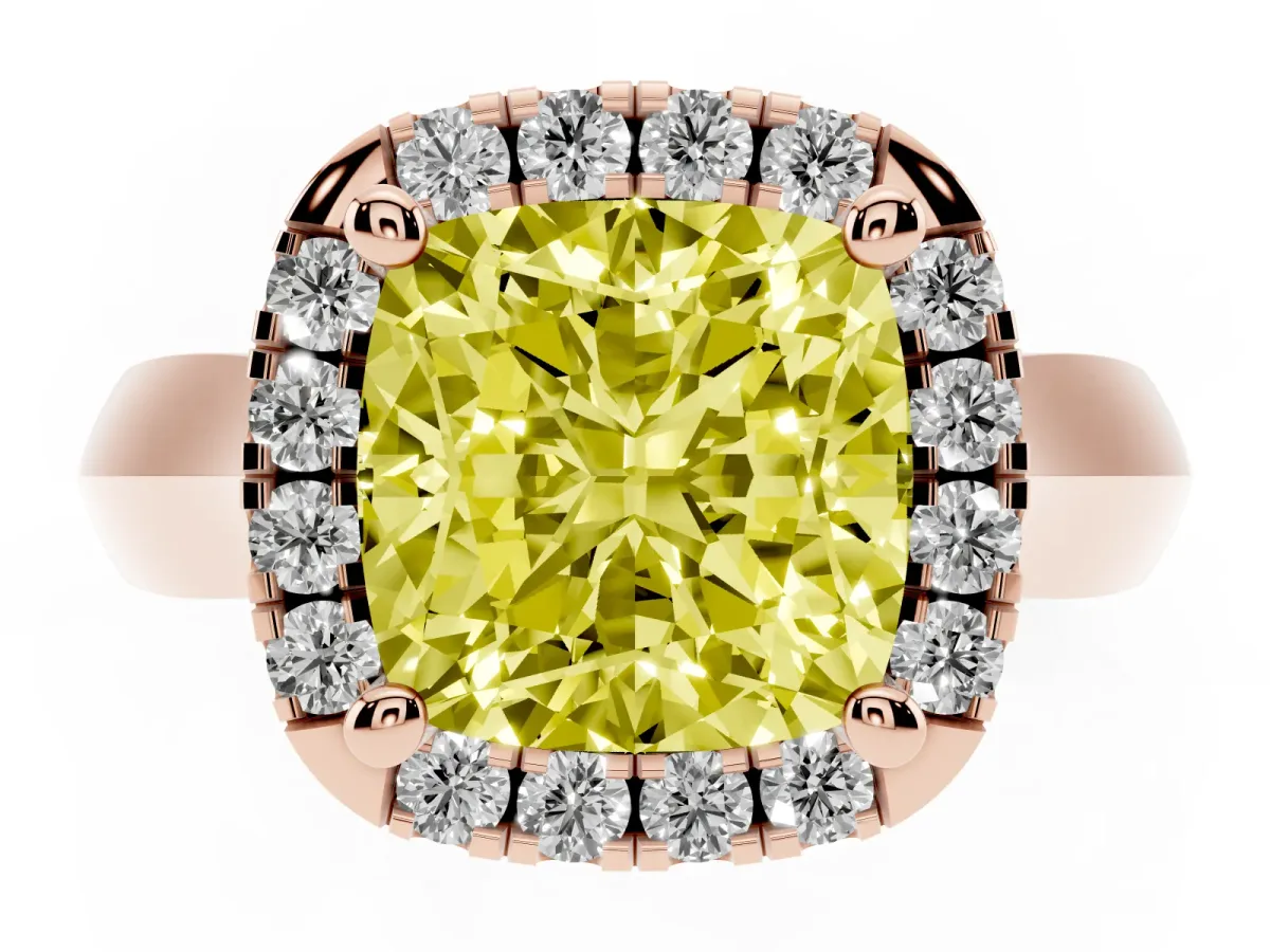 Fancy Yellow Cushion Cut Cut Halo Solitaire Engagement Ring with Square Band and Four-Prong Setting Rose gold