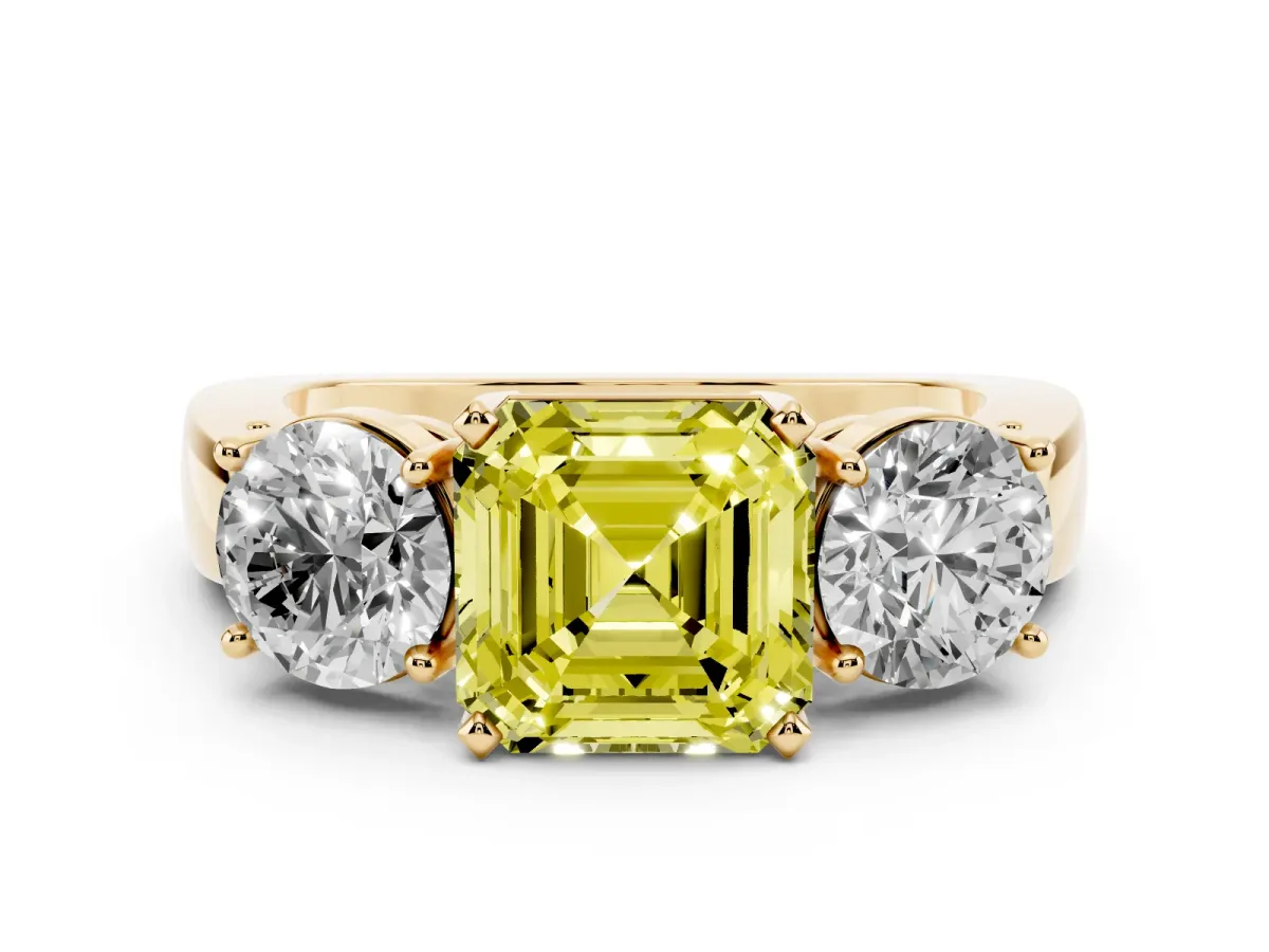 Fancy Yellow Three-Stone Asscher Cut Diamond Ring with Round Side Stones, Classic Band, and Four-Prong Setting Yellow gold