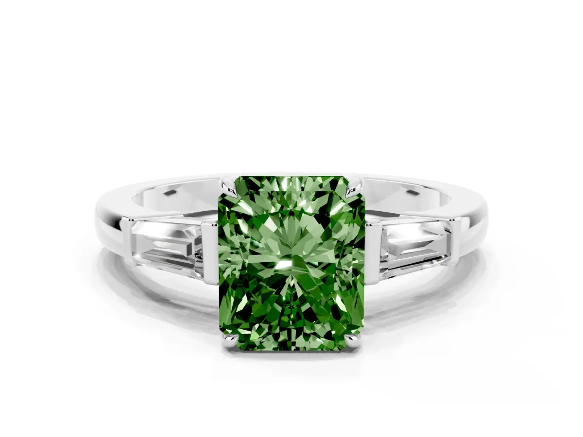 Fancy Green Radiant Cut Diamond Three-Stone Ring with Tapered Baguette Side Stones and Prong Setting Silver