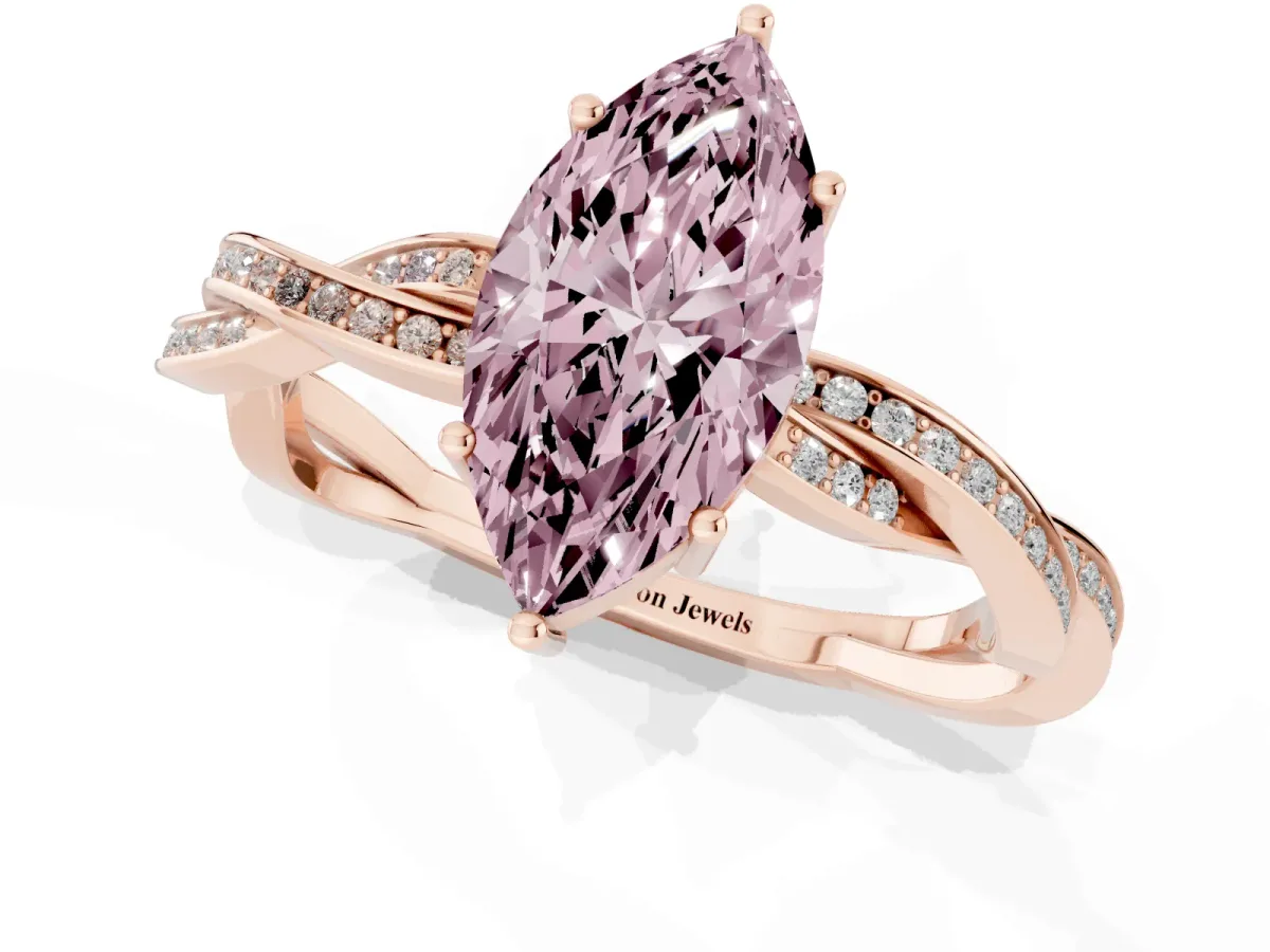 Fancy Pink Marquise Cut Solitaire Twisted Pave Diamond Ring with Four-Prong Setting Rose gold
