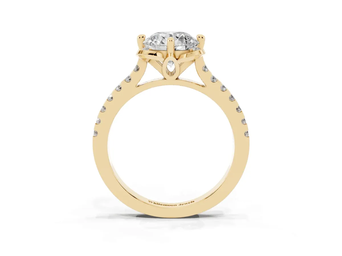 Round Cut Diamond Ring with Pavé Band and Floral Prong Setting Yellow gold