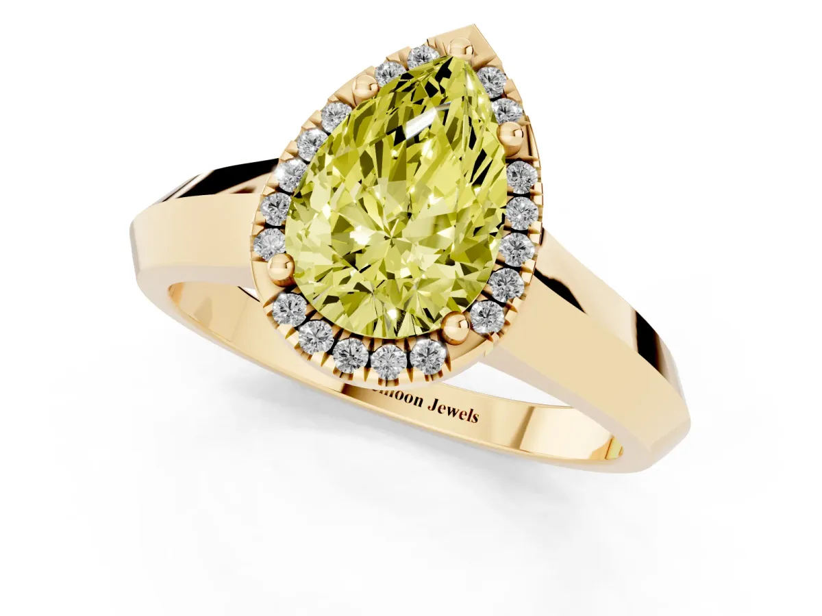 Fancy Yellow Pear Cut Halo Diamond Ring with Cathedral Band and Four-Prong Setting Yellow gold