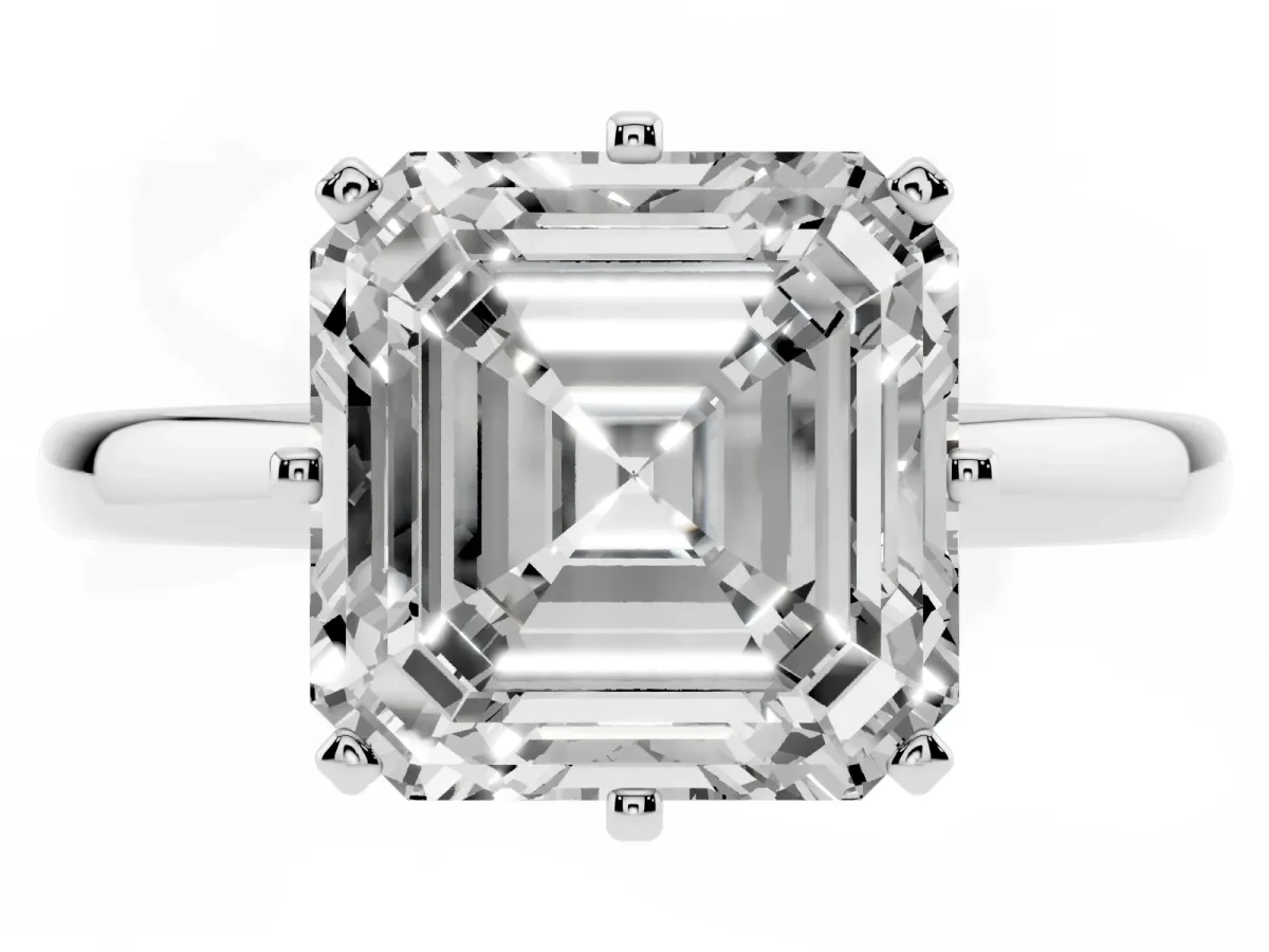 Asscher Cut Solitaire Diamond Ring with Six-Prong Setting on a Classic Band Silver