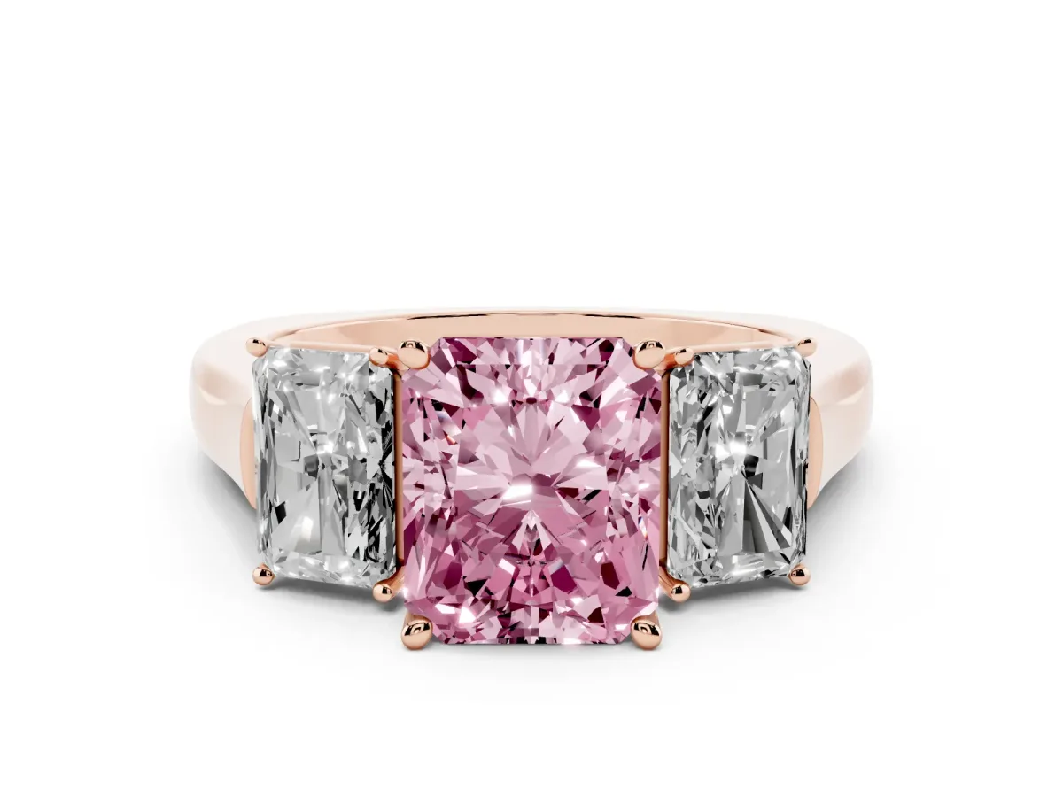 Fancy Pink Three-Stone Radiant Cut Brilliant Diamond Trellis Ring with Comfort Fit Band Rose gold