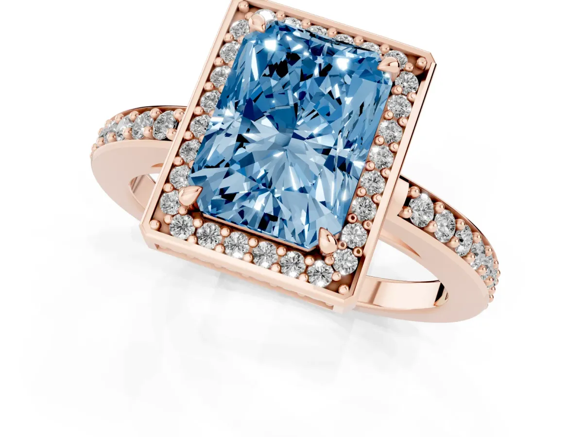 Fancy Blue Radiant Cut Halo Pave Band Solitaire Ring with Prong Setting Rose gold