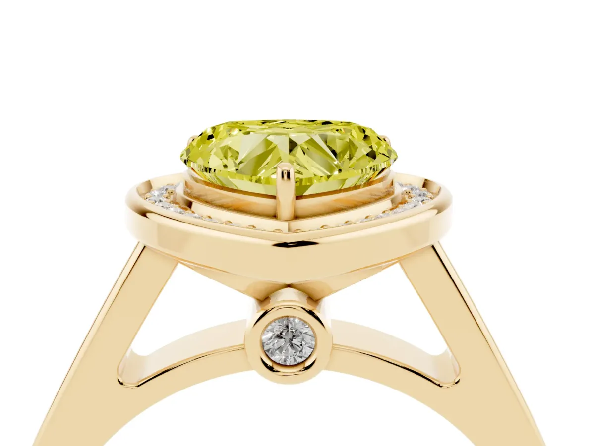 Fancy Yellow Heart Cut Halo Solitaire Diamond Ring with Pave Band and Bezel Setting Yellow gold
