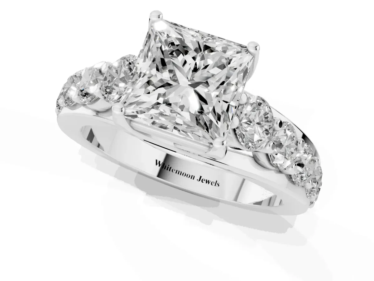 Princess Cut Diamond Engagement Ring with Pavé Band and Four-Prong Setting Platinum