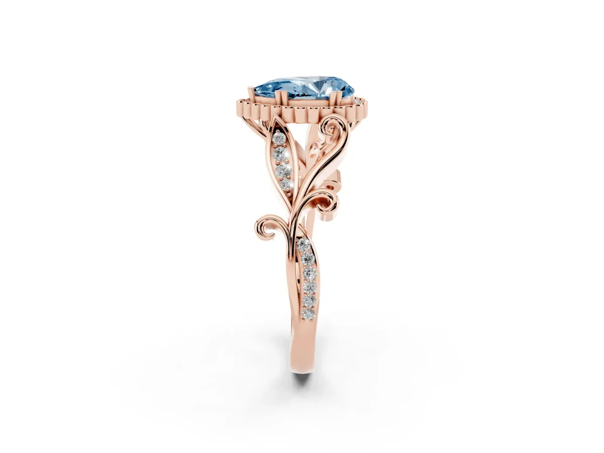 Fancy Blue Pear Cut Diamond Halo Ring with Vintage Split Shank and Four-Prong Setting Rose gold