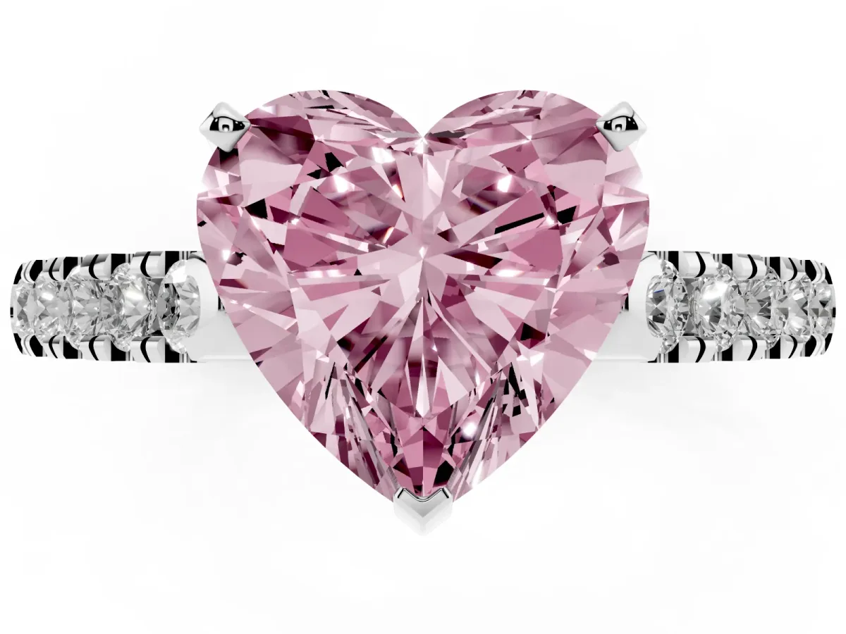 Fancy Pink Heart Cut Diamond Pavé Band Solitaire Ring with Prong Setting Platinum