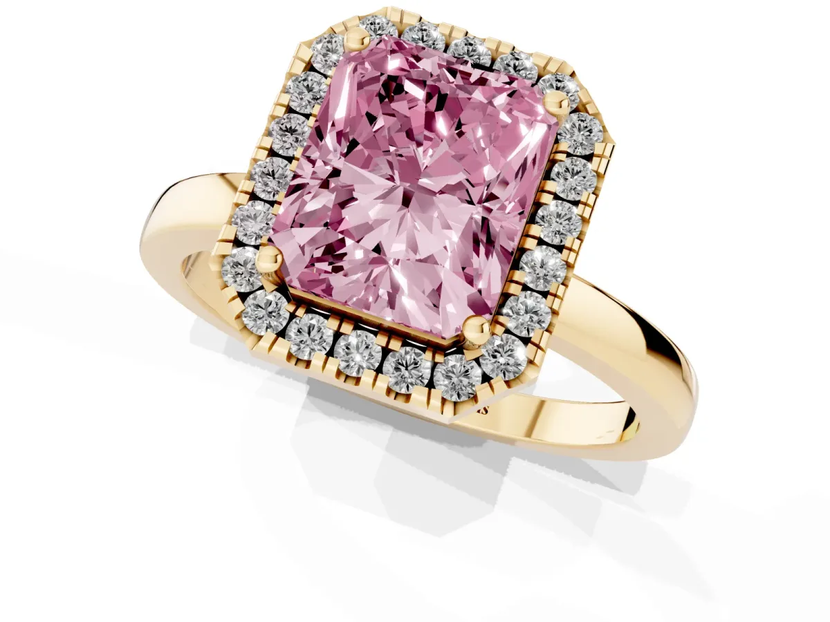 Fancy Pink Radiant Cut Halo Diamond Solitaire with Pavé Band and Four-Prong Setting Yellow gold