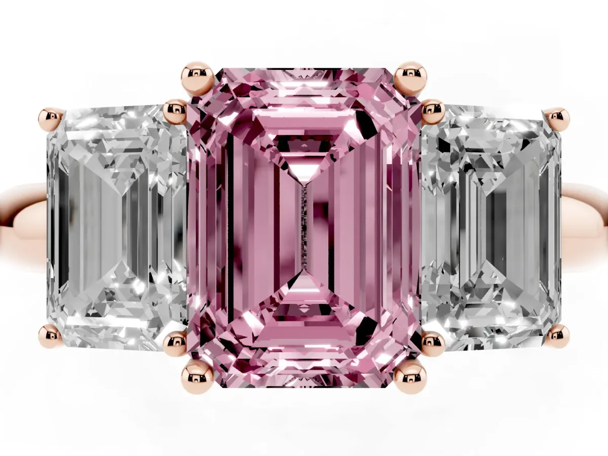 Fancy Pink Three-Stone Emerald Cut Cut Diamond Engagement Ring with Prong Setting on a White Gold Band Rose gold