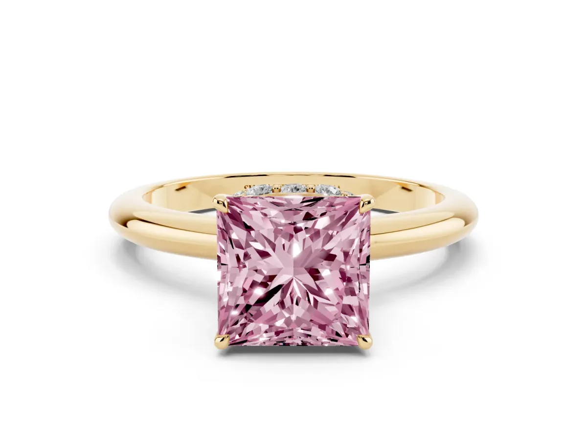 Fancy Pink Princess Cut Brilliant Solitaire Engagement Ring with Six-Prong Setting and Classic Band Yellow gold