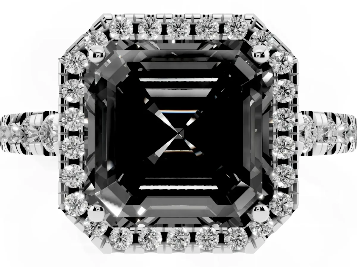 Fancy Black Asscher Cut Diamond Halo Ring with Pavé Band and Four-Prong Setting Silver