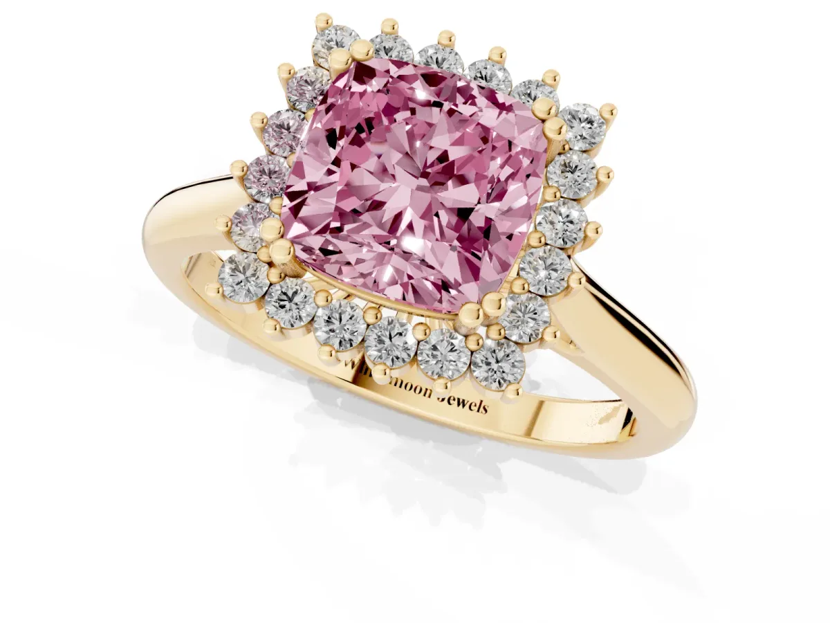 Fancy Pink Cushion Cut Cut Diamond Halo Ring with Solitaire Band and Prong Setting Yellow gold