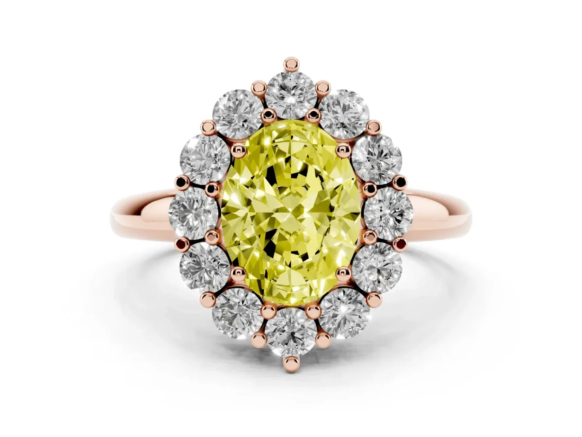 Fancy Yellow Oval Cut Halo Cluster Diamond Engagement Ring with Prong Setting and Polished Band Rose gold