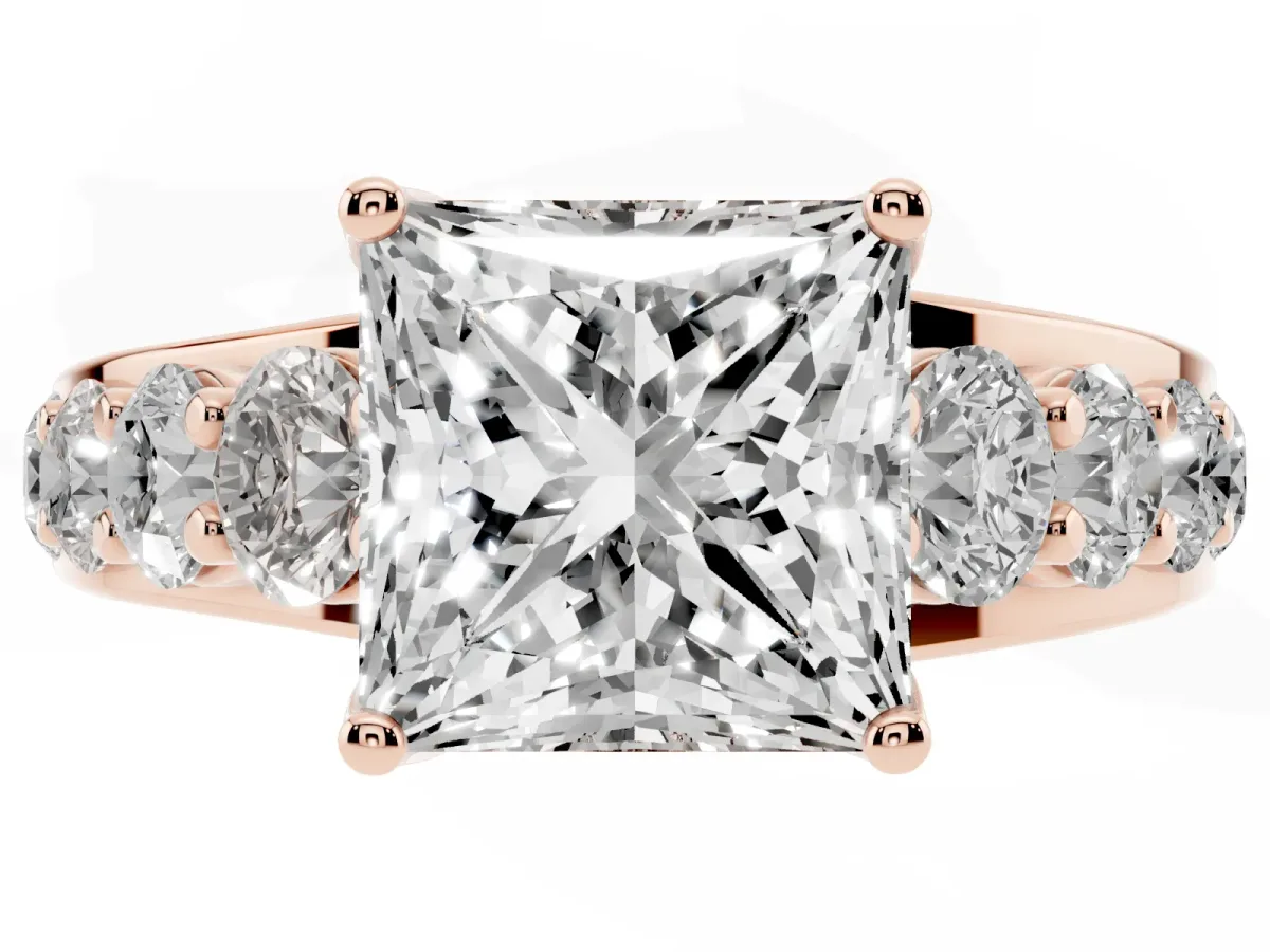 Princess Cut Diamond Engagement Ring with Pavé Band and Four-Prong Setting Rose gold