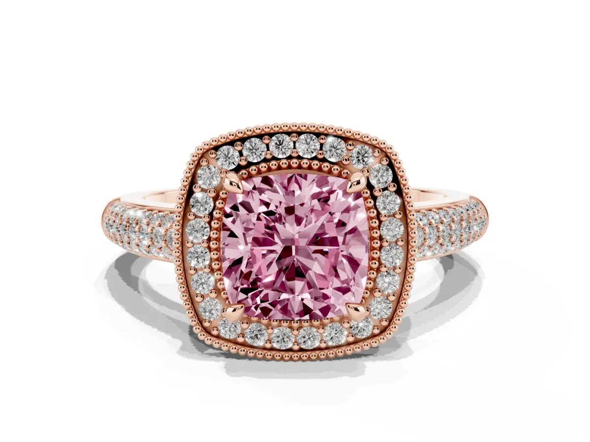 Fancy Pink Cushion Cut Cut Halo Diamond Pave Band with Four-Prong Setting Rose gold