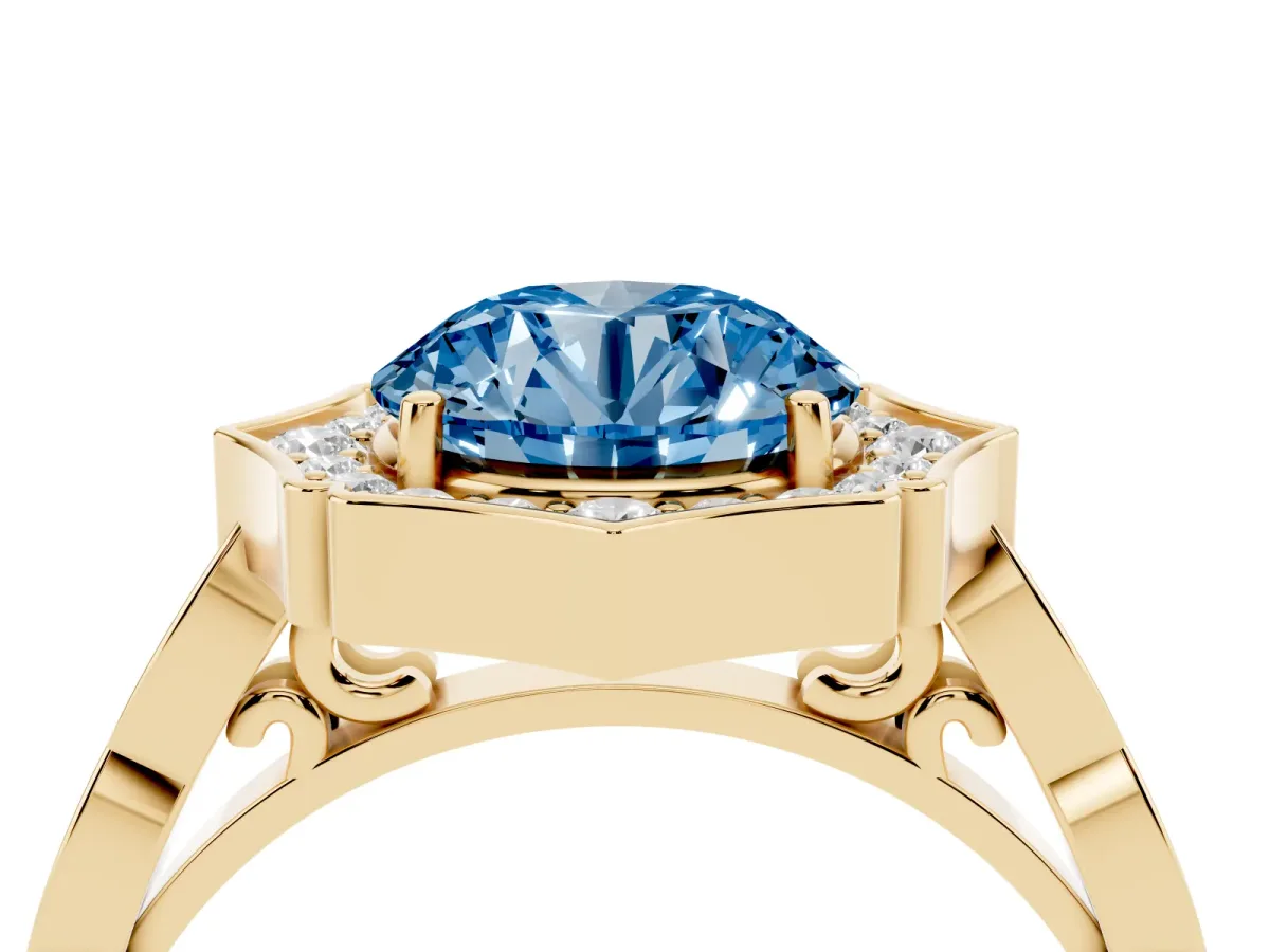 Fancy Blue Round Cut Halo Diamond Engagement Ring with Milgrain Band and Four-Prong Setting Yellow gold