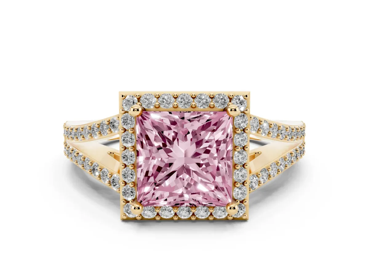 Fancy Pink Princess Cut Halo Split Shank Diamond Ring with Prong Setting Yellow gold