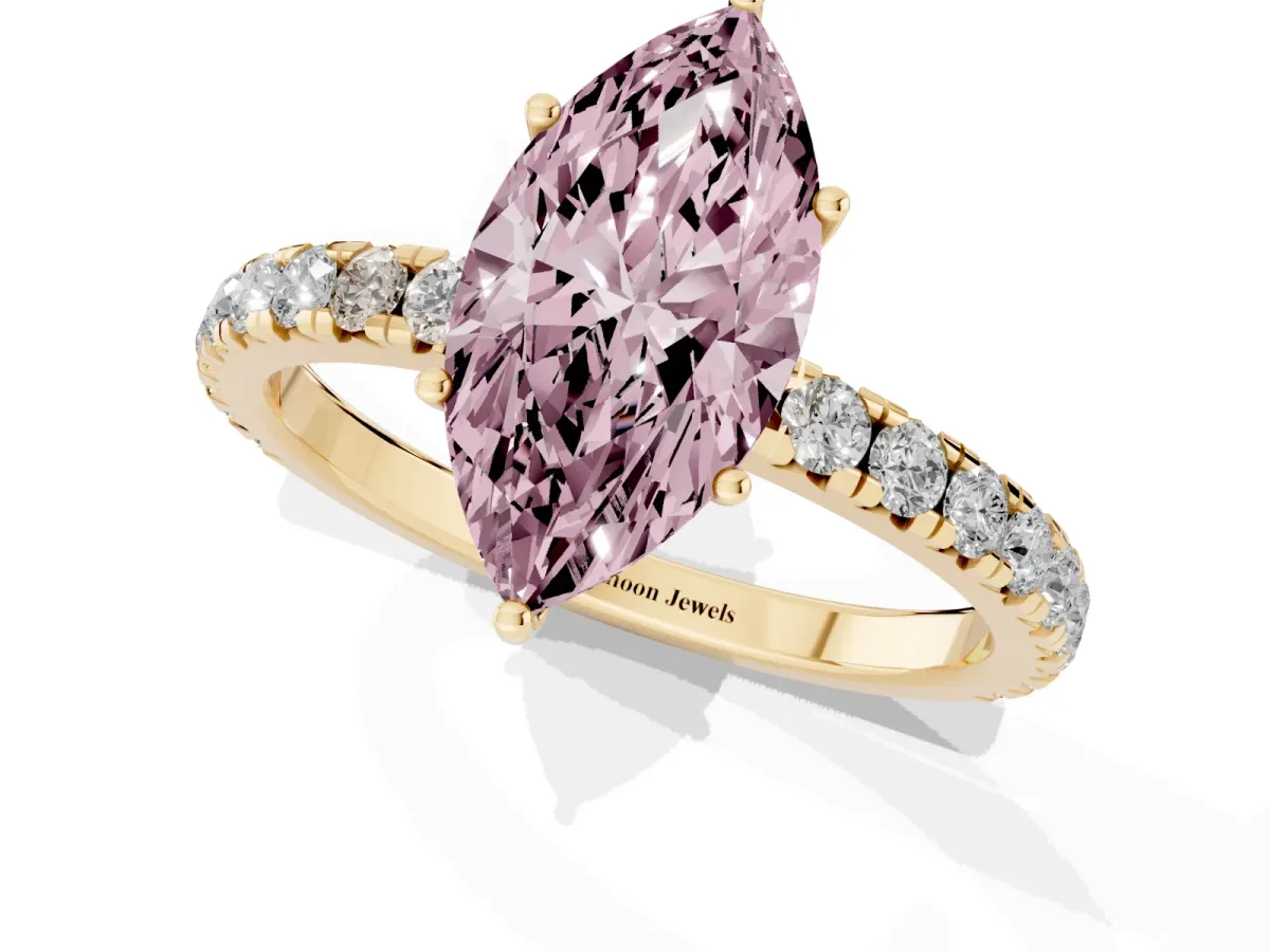Fancy Pink Marquise Cut Diamond Pavé Solitaire Engagement Ring with Four-Prong Setting Yellow gold