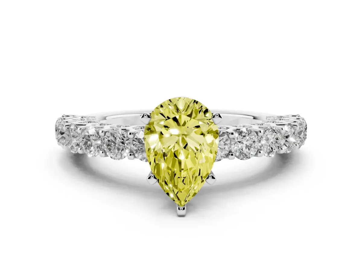 Fancy Yellow Pear Cut Diamond Solitaire Ring with Shared Prong Pavé Band and Four-Prong Setting Silver
