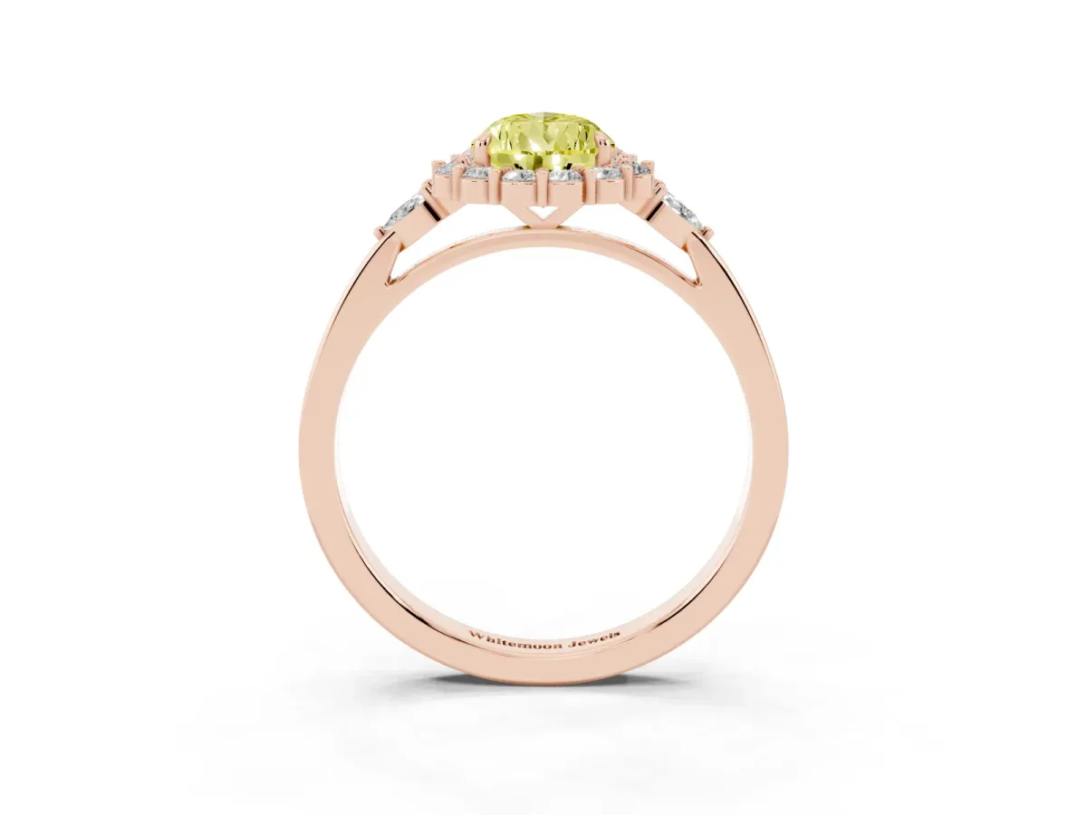 Fancy Yellow Pear Cut Diamond Halo Ring with Pear Side Stones and Prong Setting Rose gold