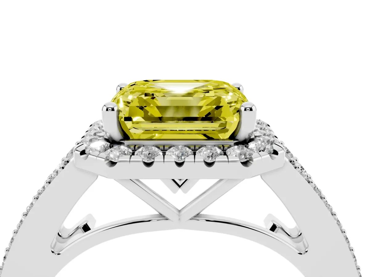 Fancy Yellow Asscher Cut Halo Split Shank Diamond Ring with Prong Setting Silver