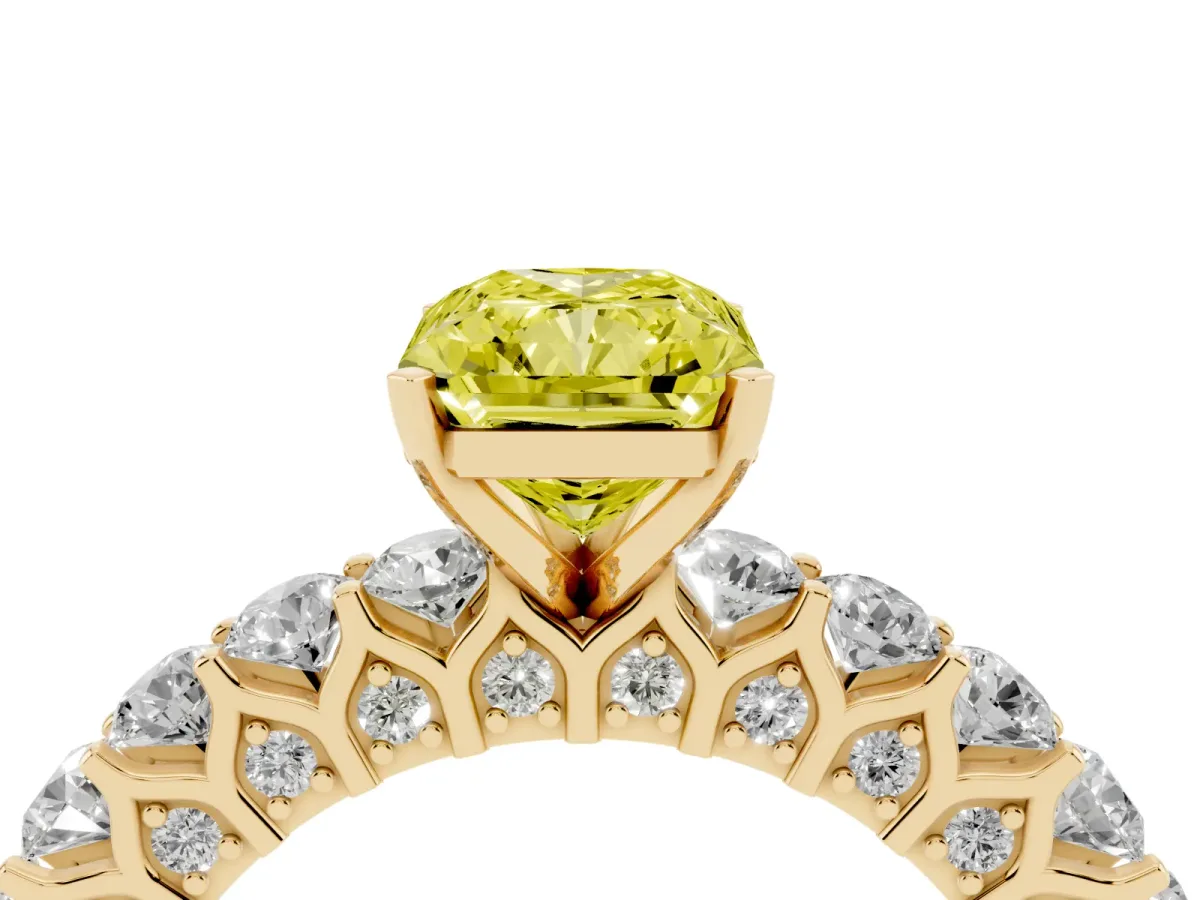 Fancy Yellow Radiant Cut Diamond Solitaire Ring with Shared Prong Pavé Band and Four-Prong Setting Yellow gold