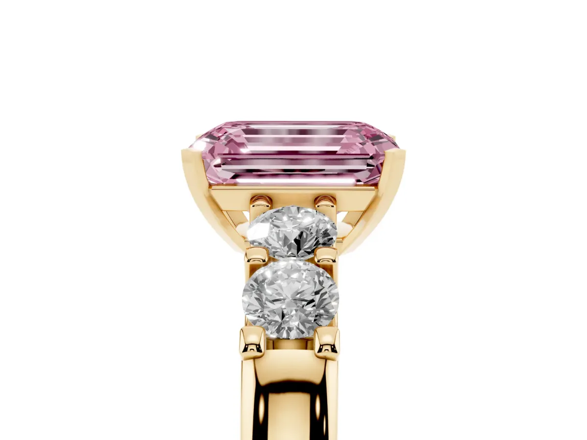 Fancy Pink Emerald Cut Brilliant Cut Diamond Five-Stone Prong Set Engagement Ring with Channel Band Yellow gold