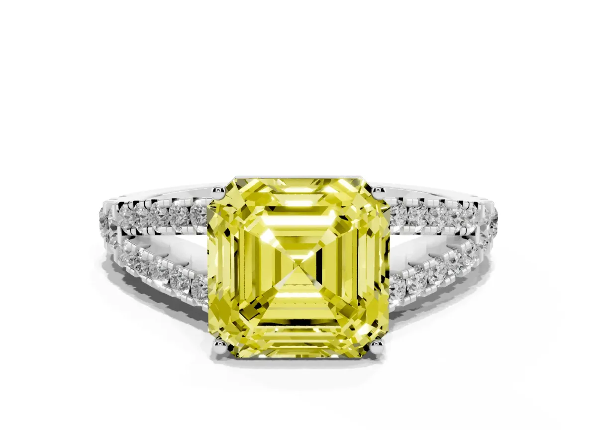 Fancy Yellow Asscher Cut Diamond Split Shank Pavé Engagement Ring with Four-Prong Setting Silver